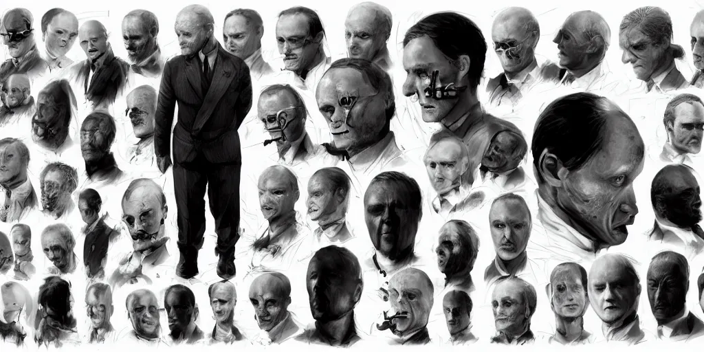 Image similar to hannibal lecter, character sheet, concept design, contrast, hot toys, kim jung gi, greg rutkowski, zabrocki, karlkka, jayison devadas, trending on artstation, 8 k, ultra wide angle, pincushion lens effect