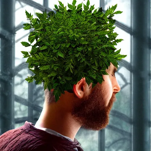 Prompt: hair made of leaves human head in the porcelain pot, Harry Potter, roots, herbology, on the table in greenhouse, in the ray of sunshine, digital art, sharp focus, high detailed, calm, warm lighting, sparkles, by Rutkowsky,