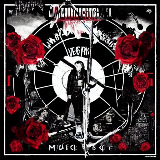 Image similar to My Chemical Romance’s new collaboration album with Pierce The Veil, the style of metal band album covers, deep and emotional, black, red and white color scheme, has both band’s logos, metalcore, emo, dramatic, featuring a girl and a boy