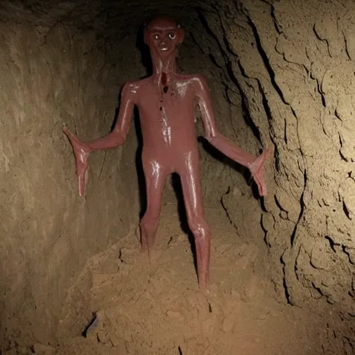 Prompt: found footage of a humanoid made of wet clay emerging from a wall inside of a cave made of wet clay, creepy, flash photography, unsettling, moist, low quality