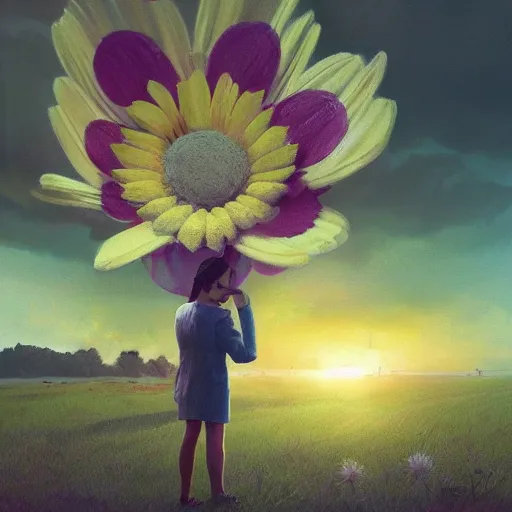 Prompt: giant daisy flower as a head, frontal, a girl in a suit, surreal photography, sunrise, dramatic light, impressionist painting, digital painting, artstation, simon stalenhag