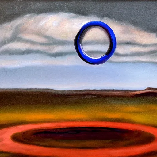 Prompt: a realistic oil painting of a glowing blue ring floating in a black sky