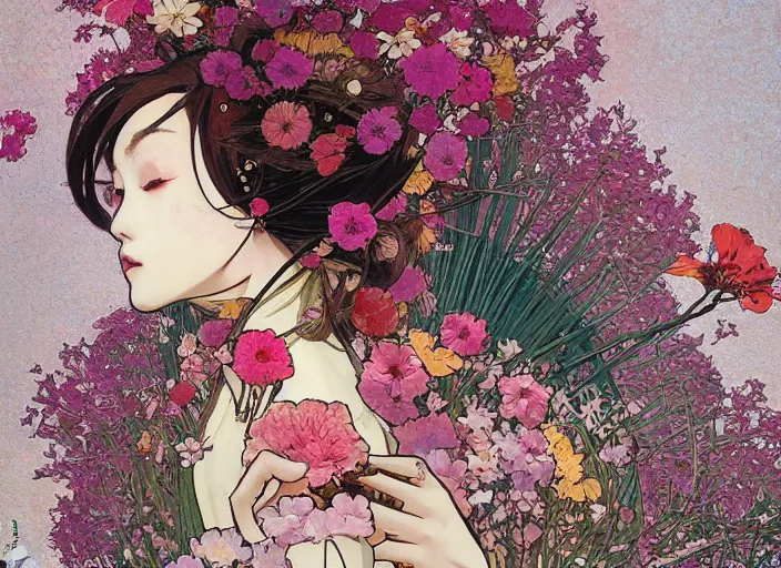 Image similar to oil painting, long shot, beautiful floralpunk japanese bio mechanical female illustration detailed patterns art of japan traditional dress, flower pop art, floral splash painting, art by ashley wood, alphonse mucha, makoto shinkai, geof darrow, dark shadow