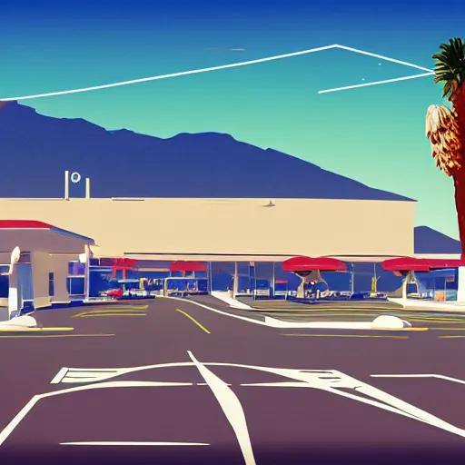 Image similar to a beautiful illustration of palm springs airport by James gilleard, artstation HD, geometric lines, HD, 4k, 8k