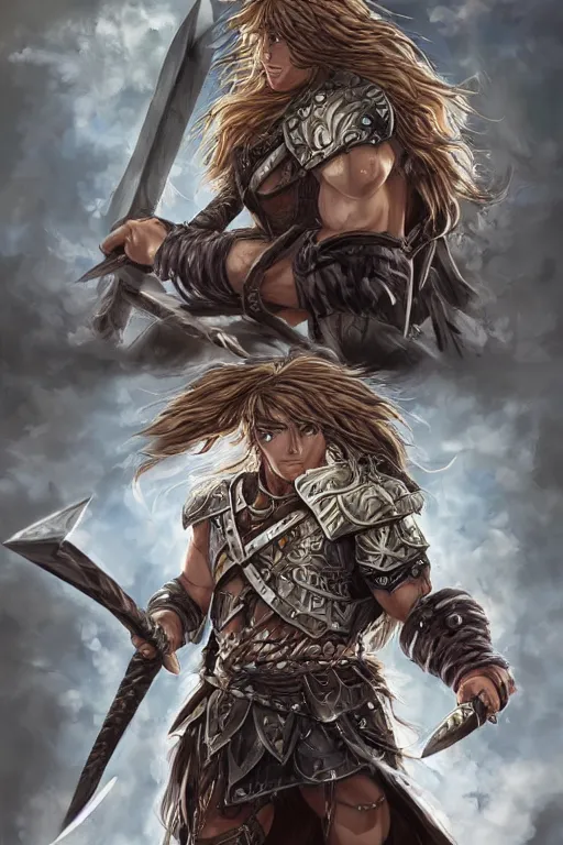 Image similar to A realistic anime portrait of a young handsome male barbarian with long wild hair, intricate fantasy spear, plated armor, D&D, dungeons and dragons, tabletop role playing game, rpg, jrpg, digital painting, by Ayami Kojima and Yusuke Murata, digtial painting, trending on ArtStation, SFW version