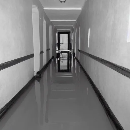 Image similar to a hallway that was built in 1 9 0 1 flooding with musty water, phone camera flash, grainy footage, liminal space, dark, eerie,