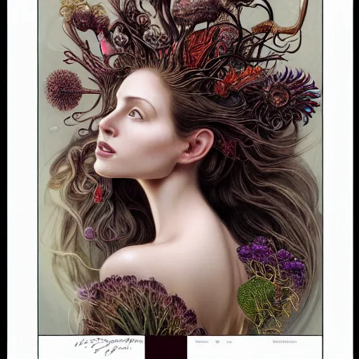 Image similar to facial portrait of a young pretty woman in flowing dress, arrogant, mysterious, long fine flowing hair, delicate, looking at camera, slightly awkward smile, realistic face, hands behind back, stylish, elegant, grimdark fantasy, flowers, extremely detailed painting inspired by Gerald Brom and Ernst Haeckel and Kaluta