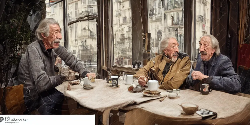 Image similar to mcgregor and jean rochefort are having a coffee. they are on nice conversation. a brown furry cat sits at the middle of the table. strong colours. nice atmosphere. 2 0 th century paris is seen on window. tobacco smoke. antique coffee cups.