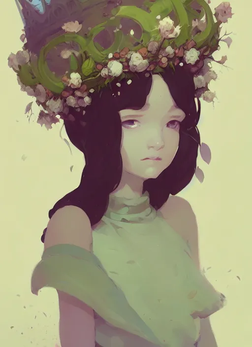 Image similar to portrait of cute fairy girl with crown of flowers fantasy, by atey ghailan, by greg rutkowski, by greg tocchini, by james gilleard, by joe gb fenton, by kaethe butcher, dynamic lighting, gradient light green, brown, blonde cream and white color in scheme, grunge aesthetic