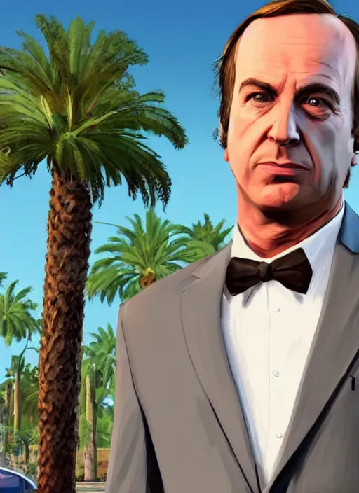 Image similar to saul goodman from better call saul in gta v los santos in background, palm trees. in the art style of stephen bliss.