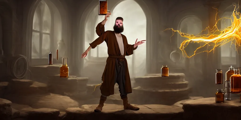 Prompt: a handsome bearded caucasian male sorcerer with brown hair he is casting a spell with flowing energy, he is in a alchemist lab filled with beakers and equipment, neutral pose, epic composition, 4 k, light rays, by dave melvin 3. 0 | dan luvisi 1. 0 | gilles beloeil 2. 5