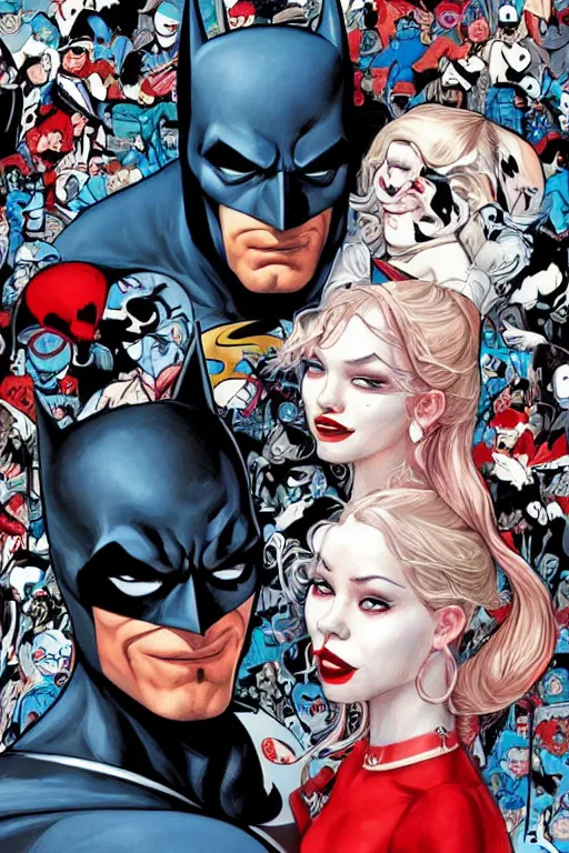 Image similar to a painting by James Jean about Batman and Harley Quinn, cover art, elegant