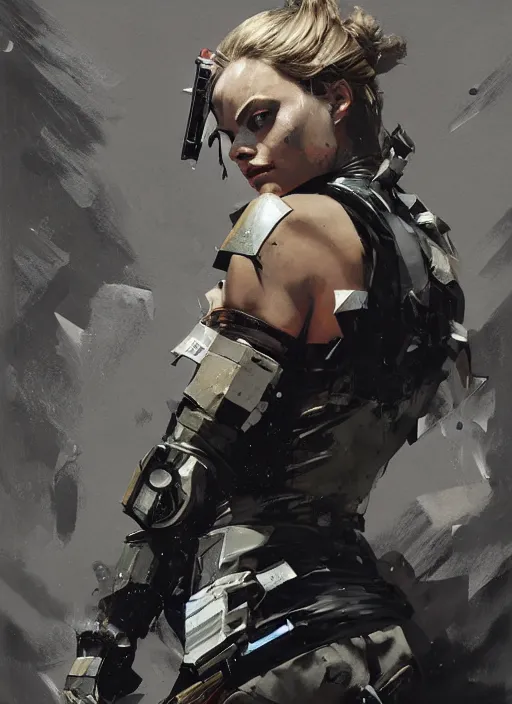 Prompt: Margot Robbie wearing metal gear armor holding revolver dramatic lighting art by Yoji Shinkawa by Richard Schmid by greg rutkowski by Sandra Chevrier by Jeremy Lipking cinematic dramatic