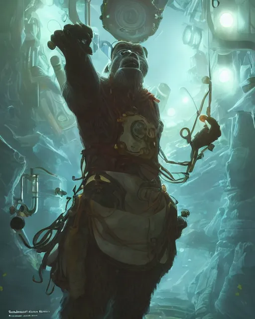 Image similar to Monkey Scientist, Experiment in Laboratory, clothed, D&D, artstation, fantasy, magic the gathering artwork, cinematic lighting, centered, symmetrical, highly detailed, digital painting, , concept art, smooth, sharp focus, illustration, volumetric lighting, epic Composition, 8k, art by Akihiko Yoshida and Greg Rutkowski and Craig Mullins, oil painting, cgsociety