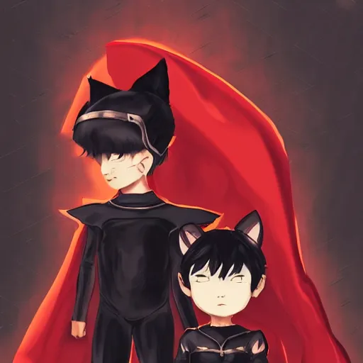 Prompt: little boy with cat ears in an black latex suit with red cape. digital artwork made by lois van baarle and kentaro miura, sharpness focus, inspired by hirohiko araki, anatomically correct, heroic composition, hero pose, mobile wallpaper