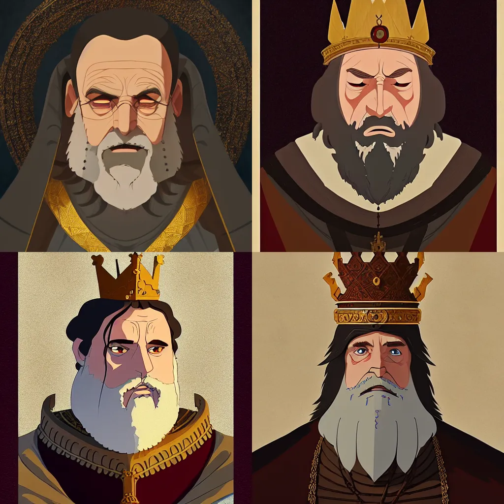 Prompt: portrait of a medieval old king, elegant, highly detailed, digital painting, artstation, smooth, art by studio ghibli and disney and and tom whalen, 8 k