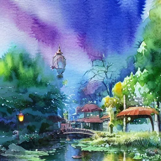 Image similar to Beautiful happy picturesque charming sci-fi town in harmony with nature. Beautiful light. Water and plants. Nice colour scheme, soft warm colour. Beautiful detailed watercolor by Lurid. (2022)