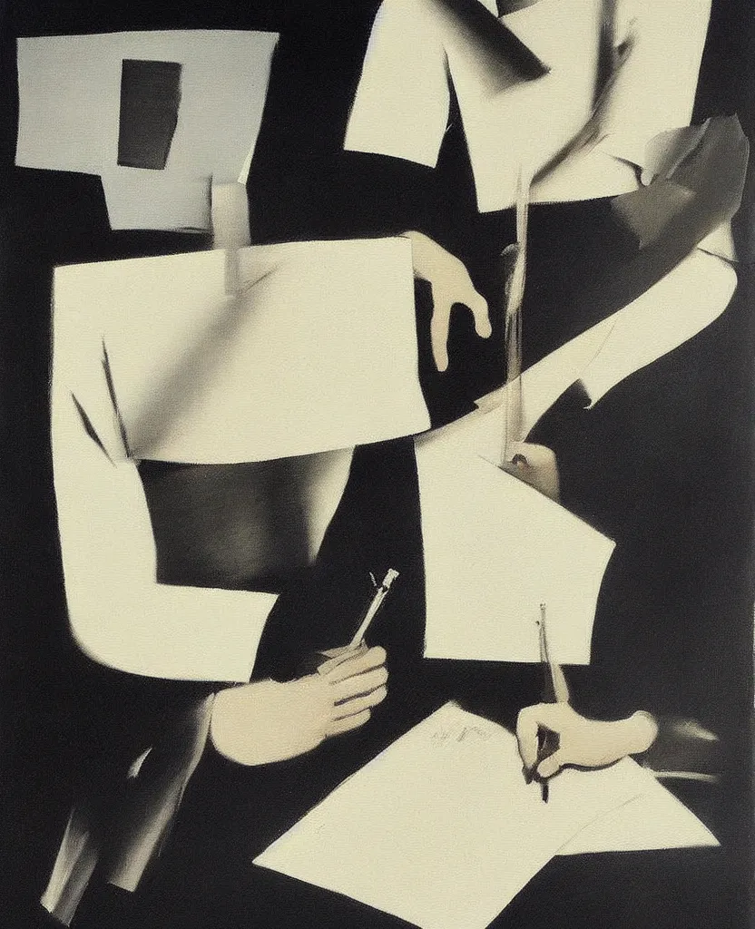 Image similar to a beautiful painting of a soldier's hand writing a letter to home with wwii in background, black and white, painted by laszlo moholy - nagy