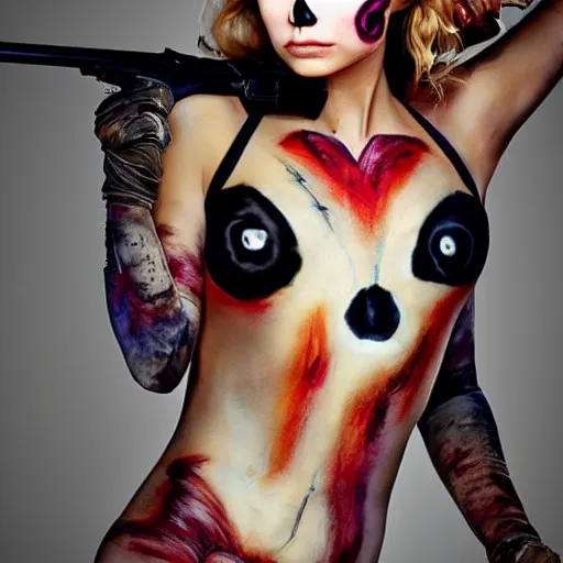 Prompt: in the style of artgerm, Samara Weaving with skull paint on her face, full body, holding a shotgun - S 1489149979