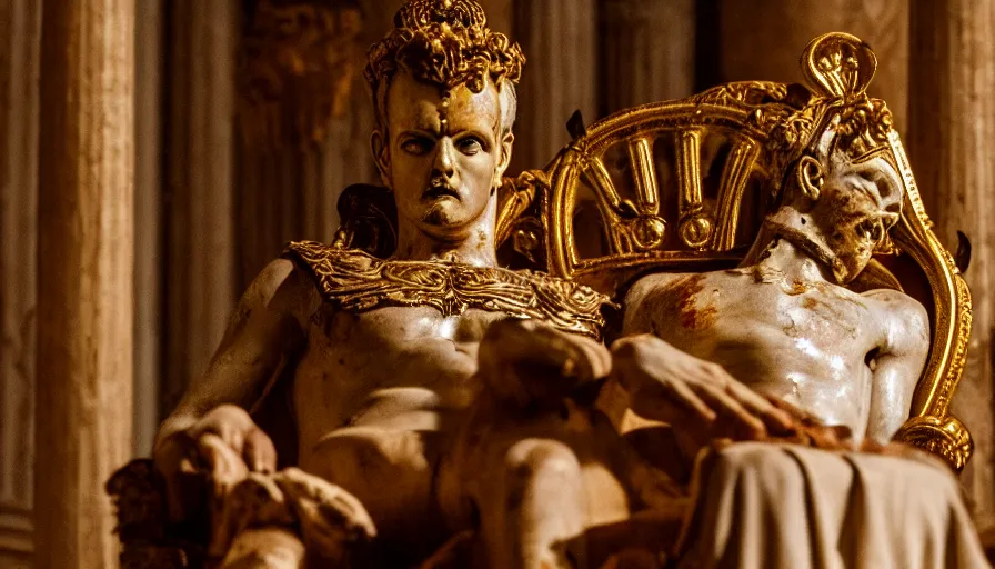 Prompt: movie still close - up of caligula dead - slaughtered on a gold throne in a classical room with columns, leica sl 2 5 0 mm, high quality, heavy grain, high detail, dramatic light, cinematic composition, flares, anamorphic, blood, bleeding,