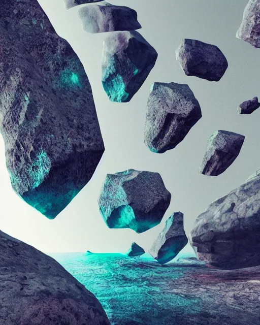 Image similar to psychedelic visions of huge rocks hallucinating on mescaline, futuristic white iridescent metal constructions floating around, no text, rendered with octane, hyper realistic, hyper detailed, surreal, futuristic, 8k