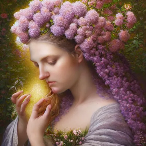 Image similar to portrait of a lilac hair goddess of light through hydrangeas flowers, soft rose and dried petals, painterly, highly detailed, 8 k, by tomasz alen kopera, h 6 6 0