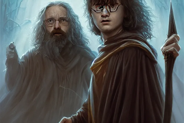 Image similar to harry potter in lord of the rings, character design, painting by jason nguyen, magali villeneuve, anna podedworna, greg rutkowski,