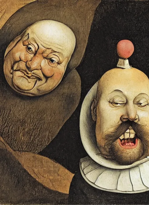 Image similar to carton of gregs'eggs with silly round humpty dumpty jack black facial expressions, realistic, by hieronymus bosch and pieter brueghel