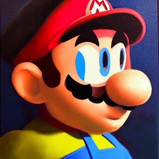 Image similar to Still oil painting of Mario. 8k. Trending. Good lighting.