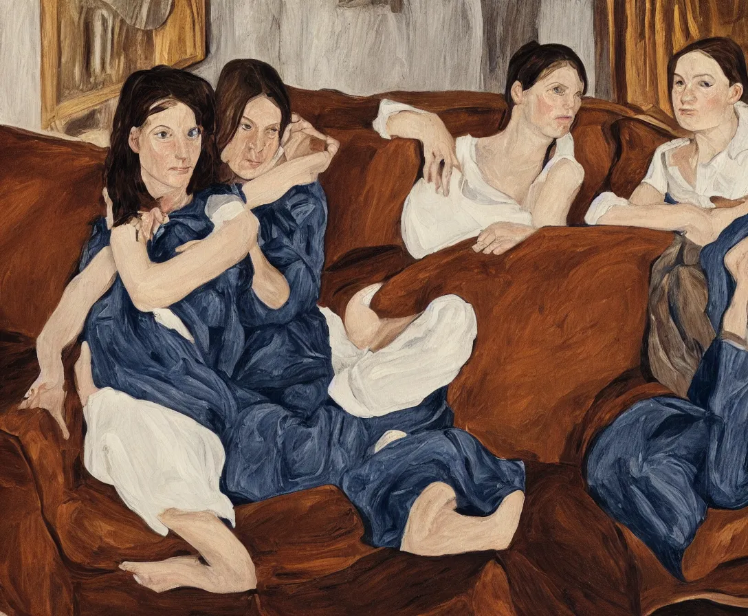 Image similar to two women, in an old english apartment on a brown leather sofa. one is wearing a dark blue sweather, the other a white shirt. brown hair, they are looking into the camera. wide shot. in the style of lucien freud. oil painting.