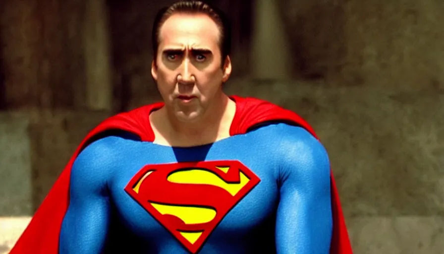 Prompt: nicholas cage as superman in'superman returns'( 2 0 0 6 ), film footage, 4 k, highly detailed, screencap