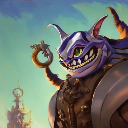 Image similar to greg manchess portrait painting of armored cheshire cat from alice in wonderland as overwatch character, medium shot, asymmetrical, profile picture, organic painting, sunny day, matte painting, bold shapes, hard edges, street art, trending on artstation, by huang guangjian, gil elvgren, ruan jia, randy vargas, greg rutkowski