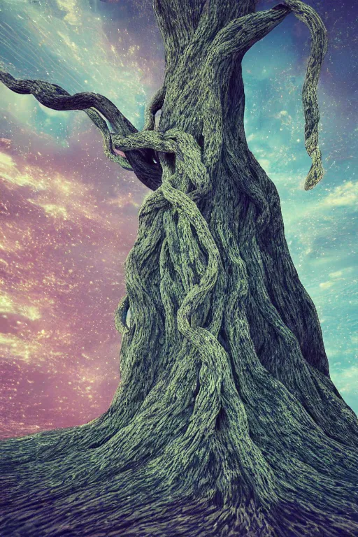 Prompt: a ancient knotted tree connected to space and time, calm, tranquil, faded effect, detailed, vaporwave colors, render by substance designer,