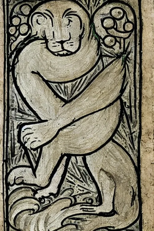 Image similar to Terrible Medieval Drawings of a lion of an illuminated manuscript.