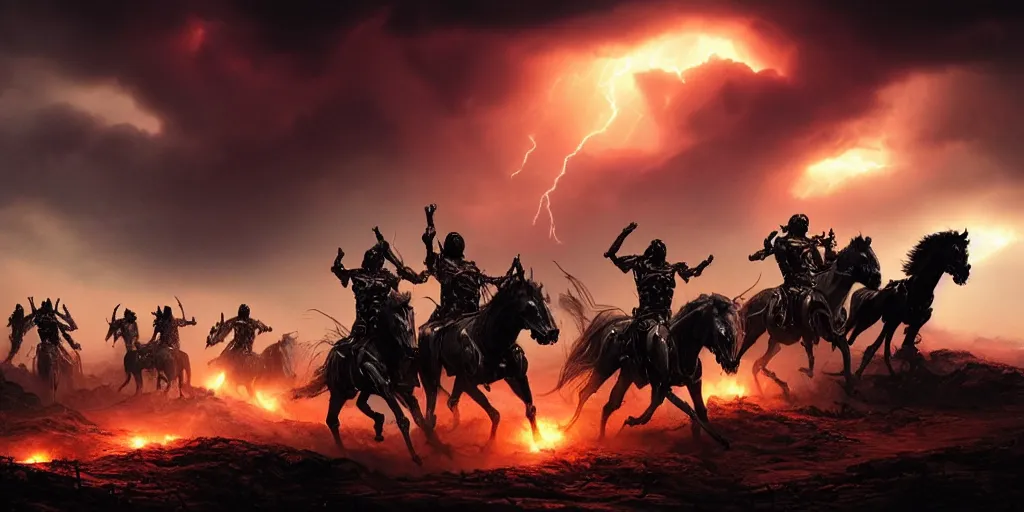 Image similar to ”four horsemen of the apocalypse riding skeleton horses towards the camera [epic, cinematic, scary, intimidating, horror, war, battle, hell, storm clouds, lightning, octane render, 8k, mattepainting, art by wlop and paul lehr and greg rutkowski]”