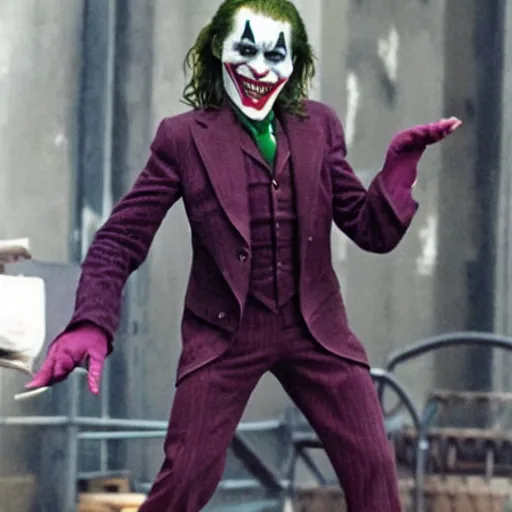 Image similar to Willem Dafoe as The Joker, film set photos