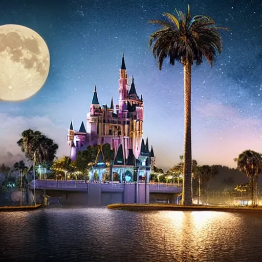 Prompt: the disney castle surrounded by giant palm trees on a giant floating island in the sky at night, a huge moon above the island illuminates the sky, cinematic, digital art by erik johansson, 8 k resolution, hyper detailed, hyper realistic, sharp focus