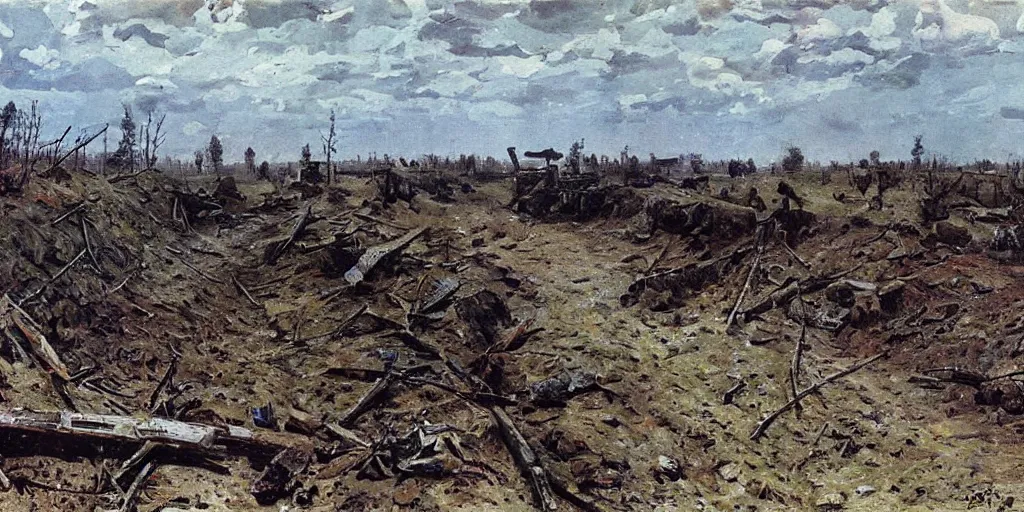 Prompt: aftermath of a battle on the Eastern Front, WW2, sunny day, craters and trenches, painting by Isaac Levitan