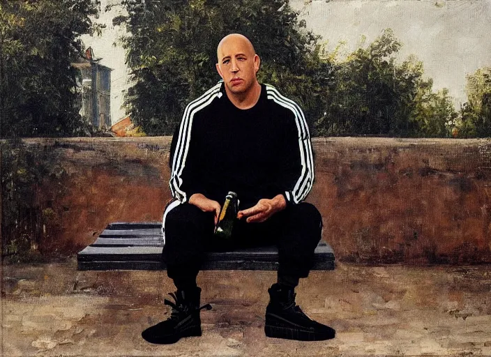 Image similar to vin diesel in black adidas sport costume, as gopnik character, sitting on a bench with a bottle of beer in the courtyard of a provincial russian town, oil on canvas, naturalism