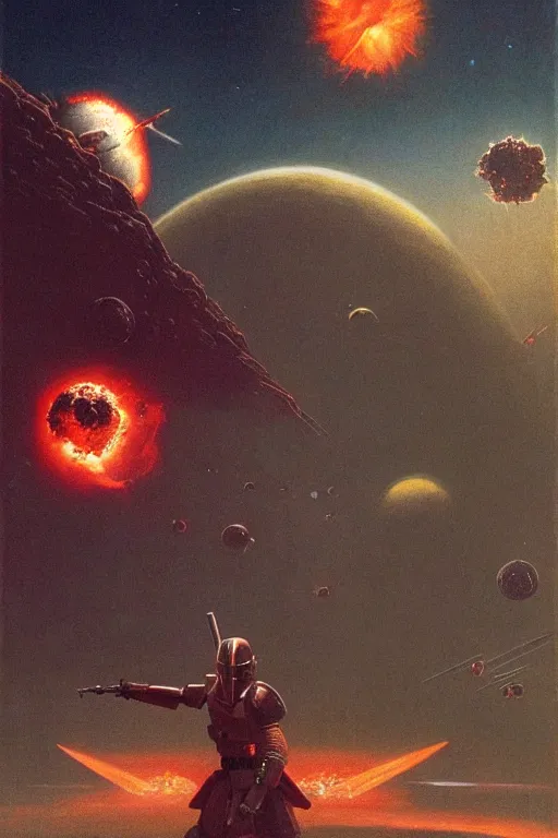 Prompt: backlit dramatic cinematic mandalorian powerful pose by beksinski on a backlit background with destroyed planets , x-wing and atomic bomb explosion, backlight