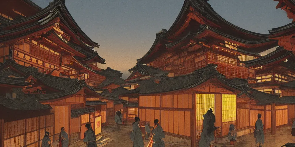 Prompt: feudal japan tokyo street at dusk, on a postcard!!!!!!!!, cinematic lighting!!, 4k, trending on artstation, intricate illustration, fast sketch!!!, rough, ultra detailed, art by albert bierstadt