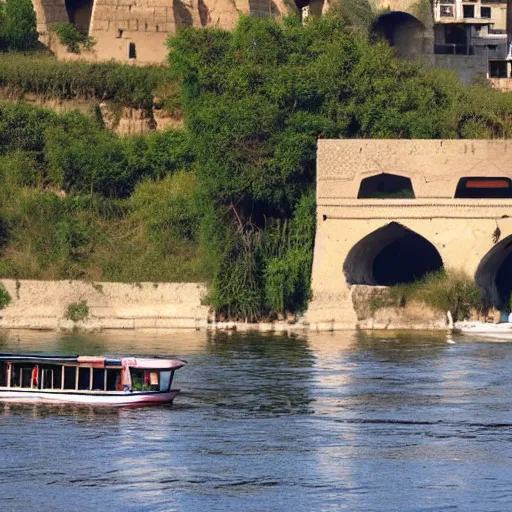 Prompt: felucca passing under bridge in river