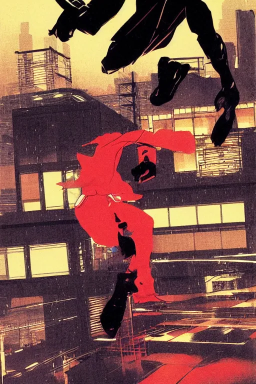 Image similar to a ninja jumping from the roof on a rainy night by syd mead, boneface, yoji shinkawa