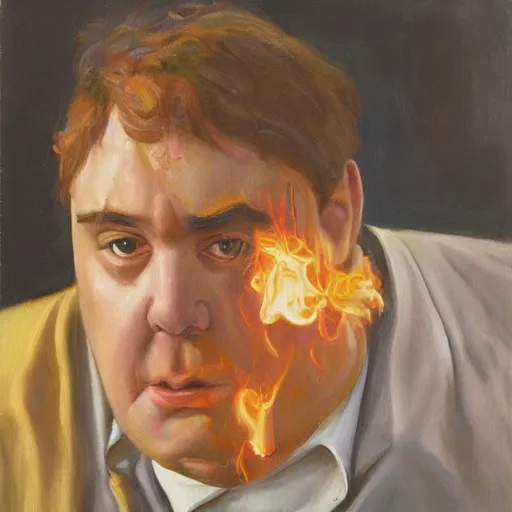 Image similar to portrait of john candy crying in the metaverse, fire and pain, oil on canvas by william sydney mount, trending on artstation