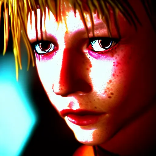 Prompt: close up portrait of heather mason in silent hill 3, on stage at heaven's night nightclub, 8 k, realistic,