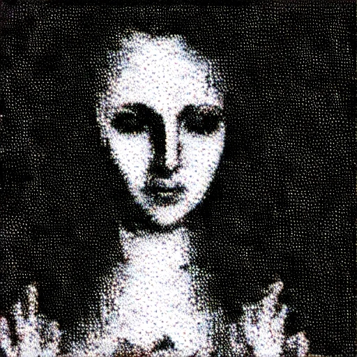 Image similar to vhs static overlay of marian apparition, vhs, 1 9 9 0, highly realistic, highly detailed, vhs noise static, black and white, vhs glitch