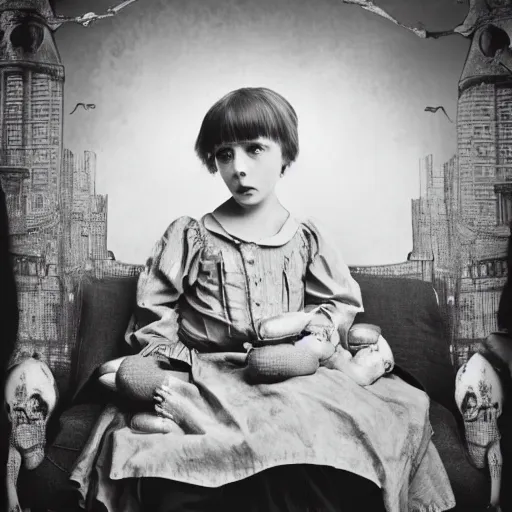 Image similar to a photo of young sad victorian gothic child with big eyes and wide grin sitting on a sofa of bones surrounded by a cyber futuristic cityscape made of human body parts, lighting, 5 0 mm, perfect faces, award winning phhotography