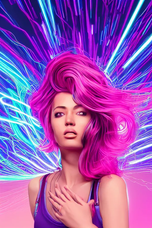 Image similar to a award winning half body portrait of a beautiful woman in a croptop and cargo pants with ombre purple pink teal hairstyle and hands in pockets by ari liloan, surrounded by whirling illuminated lines, outrun, vaporware, shaded flat illustration, digital art, trending on artstation, highly detailed, fine detail, intricate