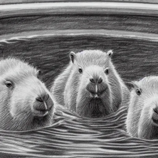 Image similar to pencil sketch of four capybaras in hot tub, realistic, shaded