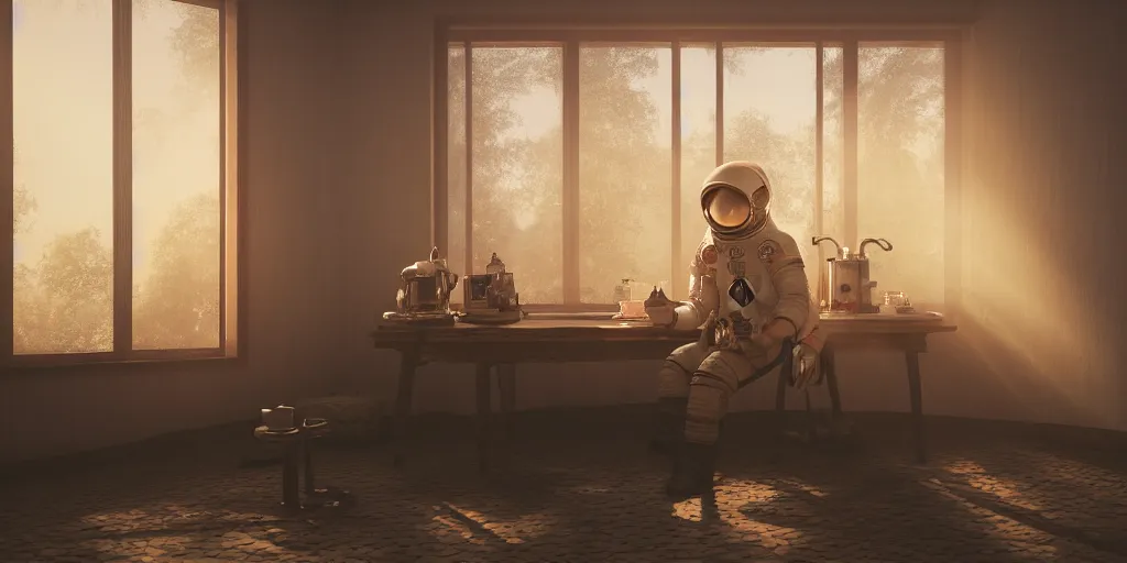 Prompt: a cosmonaut in a spacesuit drinks a steaming cup of tea alone at an old wooden desk in a richly decorated keral house. the autumn light comes in through a window and dimly illuminates the room, diffuse light, octane render, 4k, matte painting